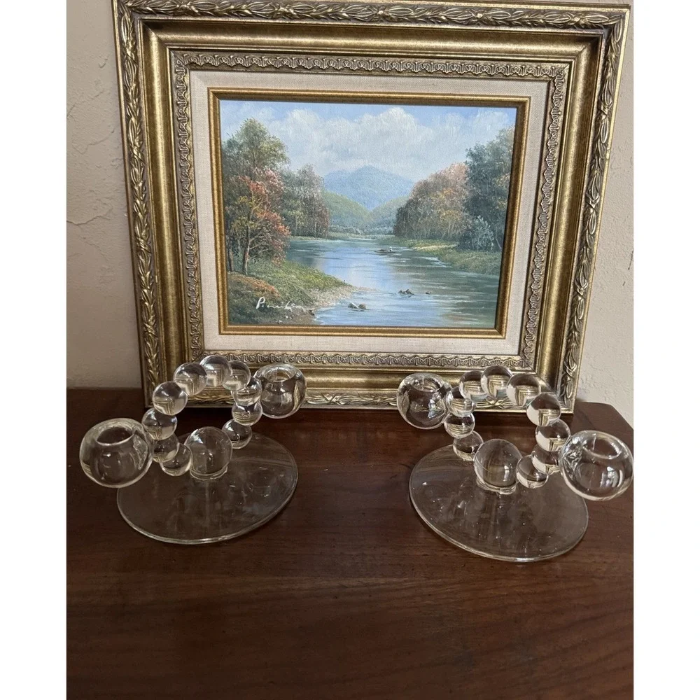 Bubble Glass Candle Holders Set of 2 Clear Pressed Glass MCM Style